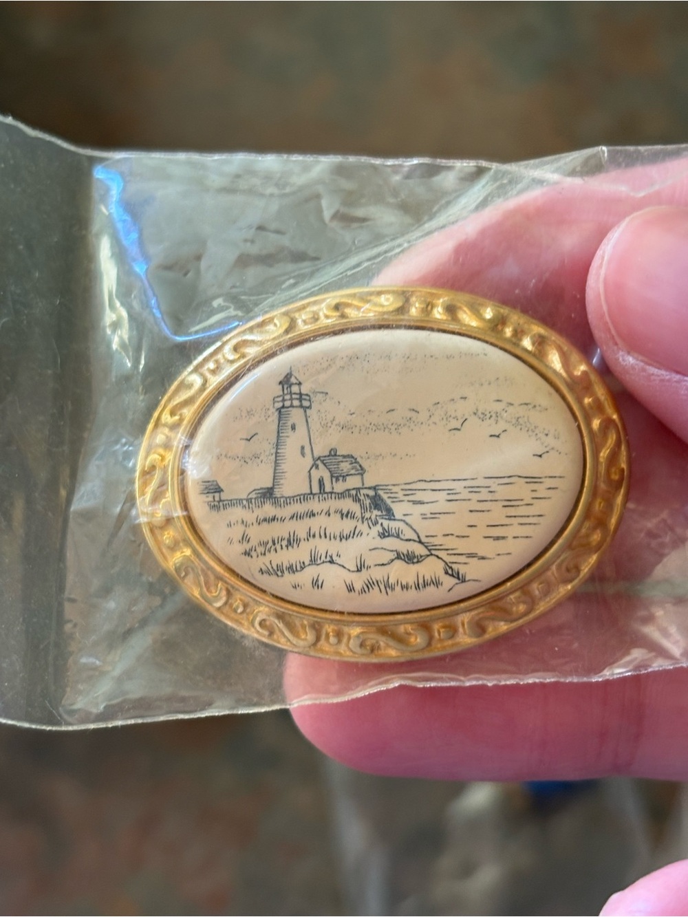 Gold-Tone Nautical Lighthouse Oval Brooch - Beige 100$value